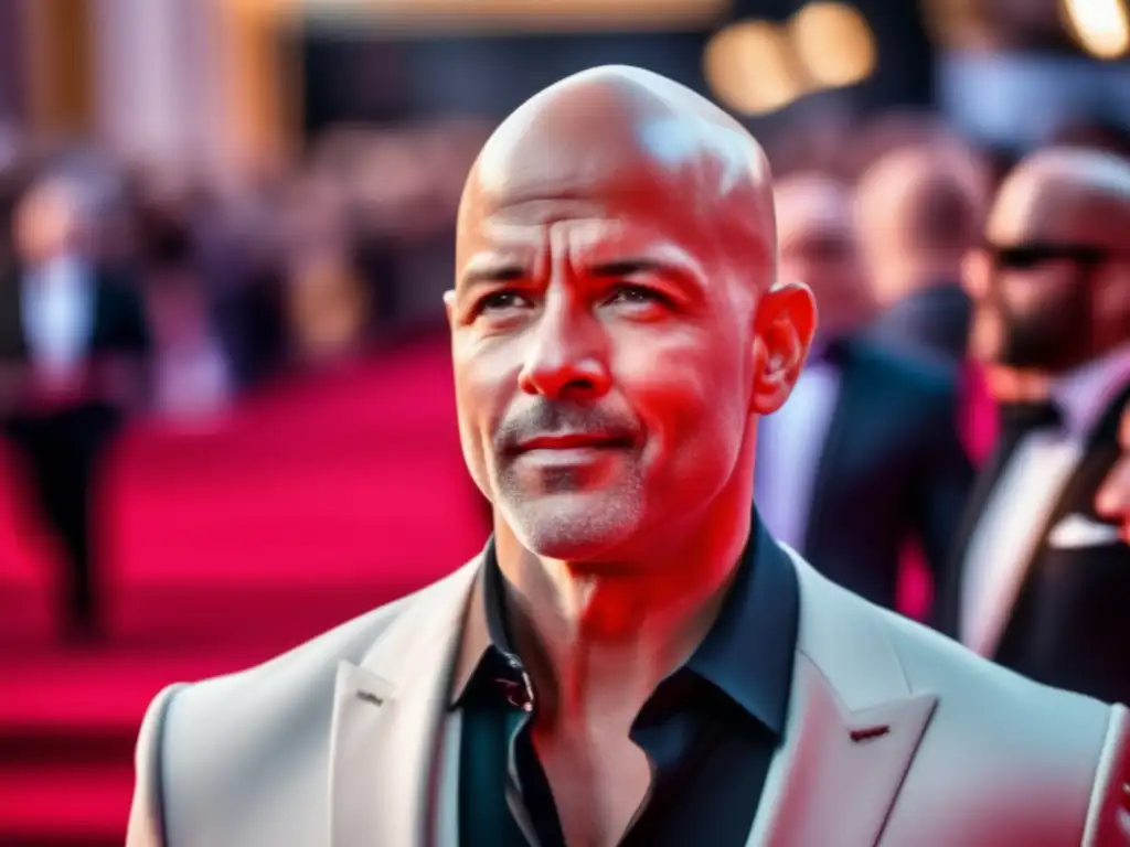 Un actor calvo confiado camina por la alfombra roja, rodeado de fotógrafos y fans. <b>Refleja carisma y seguridad.</b> Actores calvos redefinen belleza.