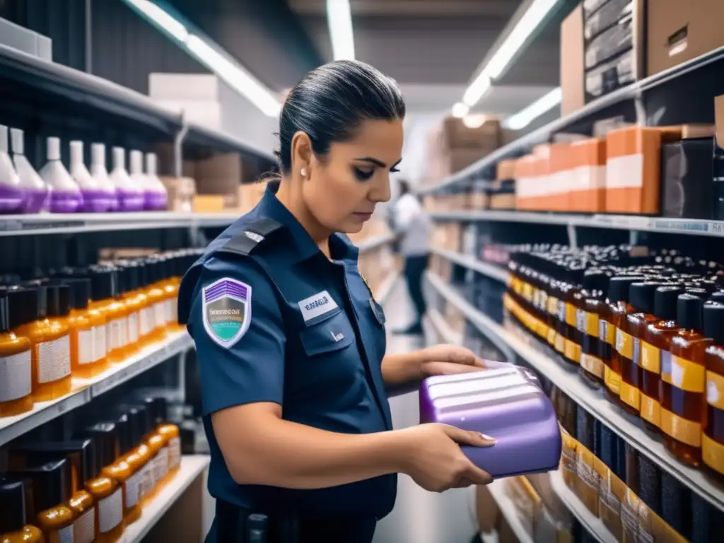 Un agente aduanal inspecciona productos capilares en una frontera, destacando la reglamentación de importación y exportación.