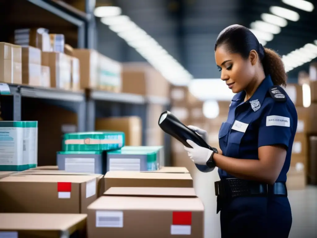 Un agente de aduanas inspecciona productos capilares en un punto de control fronterizo, destacando la reglamentación de importación y exportación.