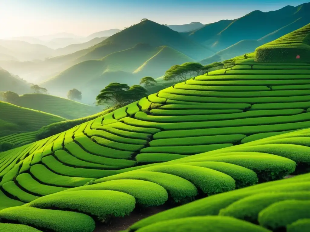 Un amanecer mágico en una plantación de té verde, con hojas relucientes y sombras alargadas