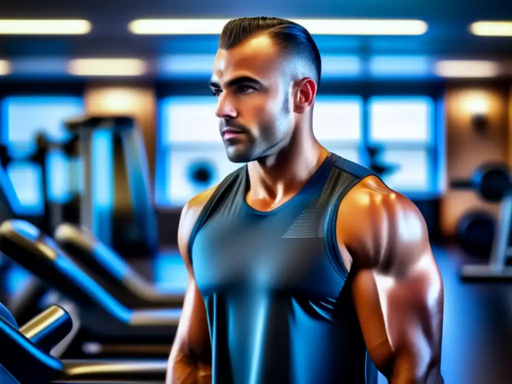 Confianza deportiva: atleta con transplante capilar Un atleta profesional confiado y determinado muestra su nuevo trasplante capilar en un gimnasio moderno