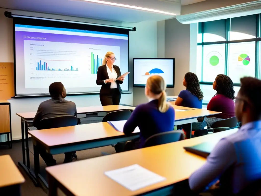 Un aula moderna con instructor de tricología y estudiantes comprometidos en una sesión de capacitación práctica