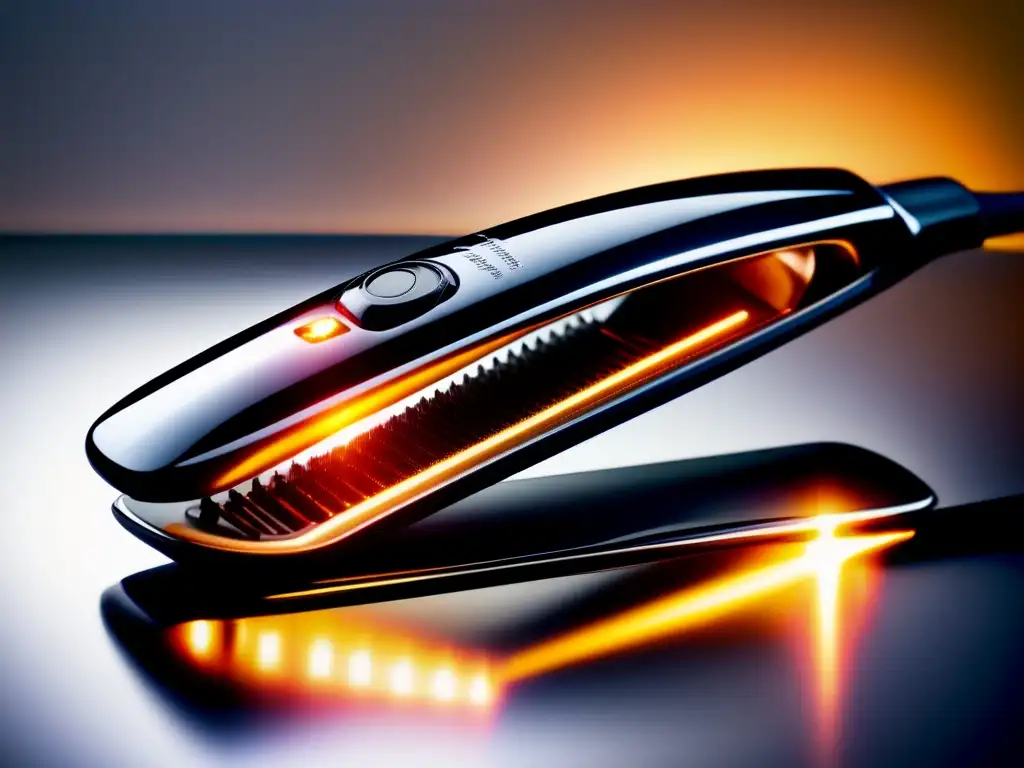 Avances tecnológicos tratamiento cabello infrarrojo: Detalle del moderno alisador de pelo deslizándose suavemente por un mechón brillante