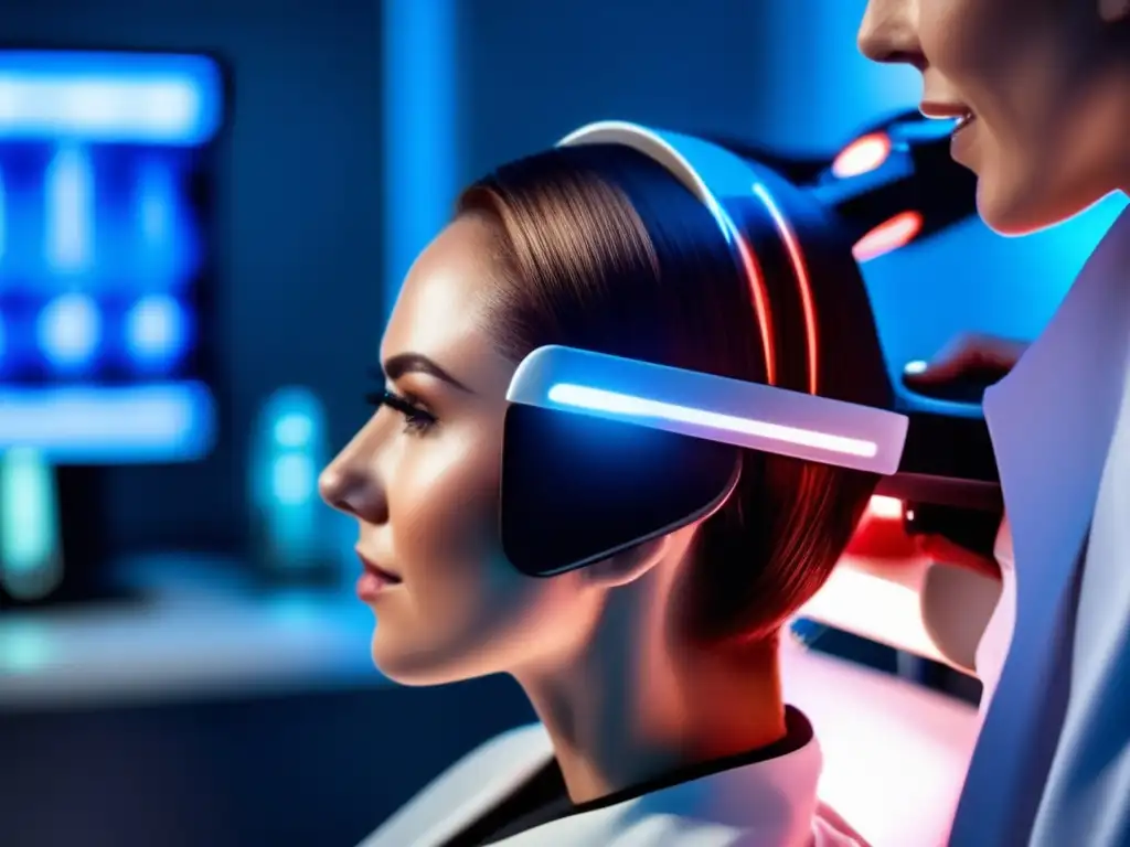 Un avanzado tratamiento capilar con tecnología infrarroja se aplica en un salón, mostrando sofisticación y precisión