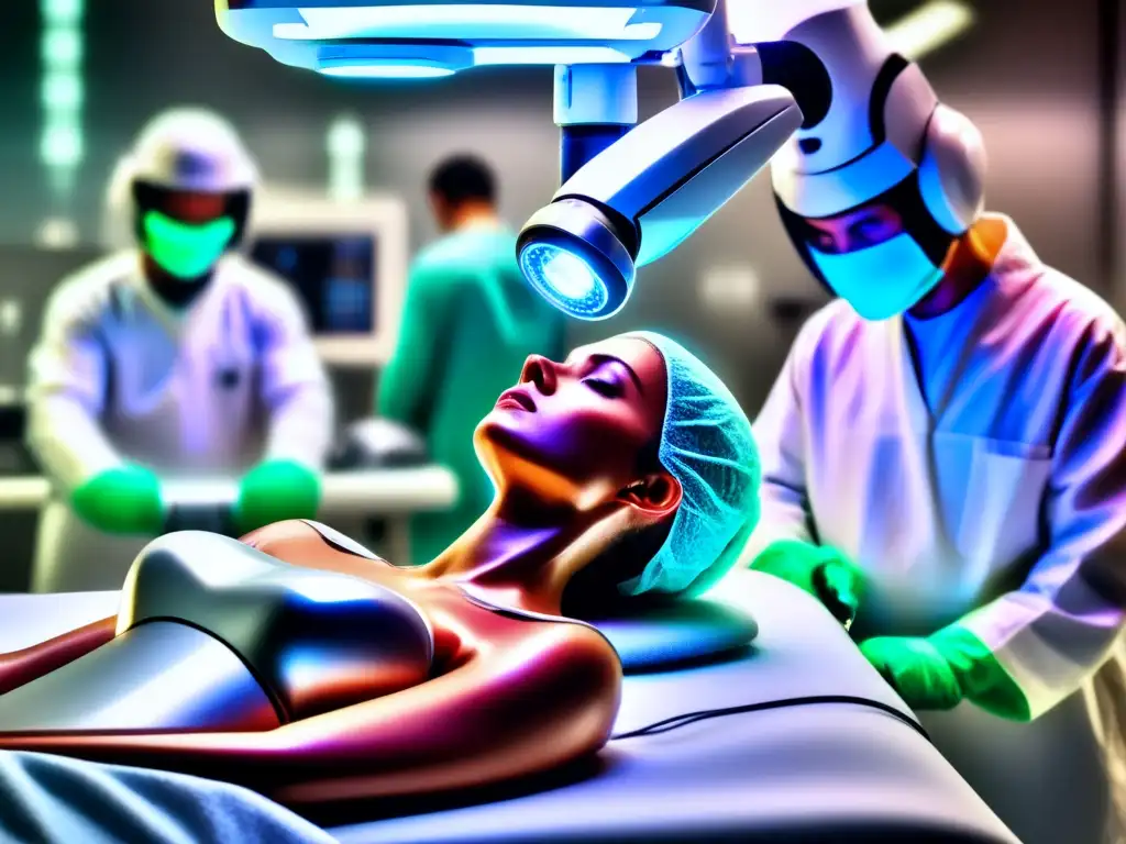 Un avanzado tratamiento de pérdida de cabello con tecnología de trasplante capilar, en una sala de operaciones estéril y futurista