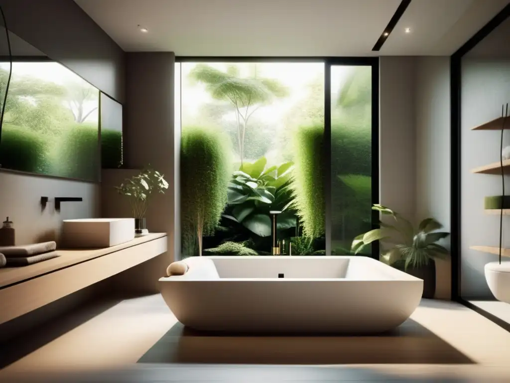 Un baño moderno y sereno con bañera empotrada rodeada de plantas verdes, luz natural y suave iluminación ambiental