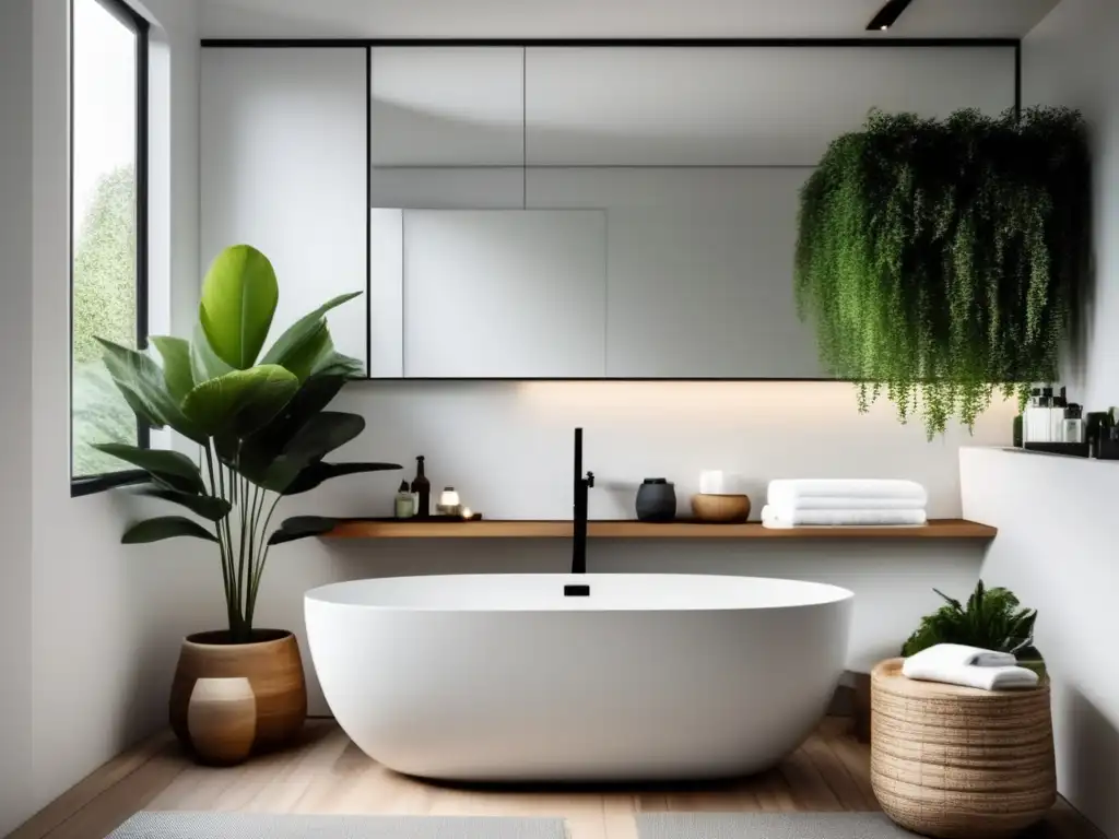 Un baño sereno y minimalista con luz natural, plantas y elegancia. Cómo crear ambientes calmados para cabello saludable.