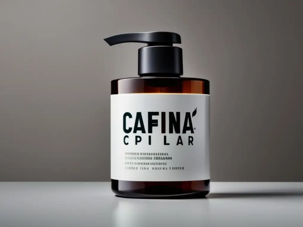 Botella de champú con diseño moderno y elegante, etiqueta 'Cafeína Capilar', evocando precisión científica y tecnología para el cabello