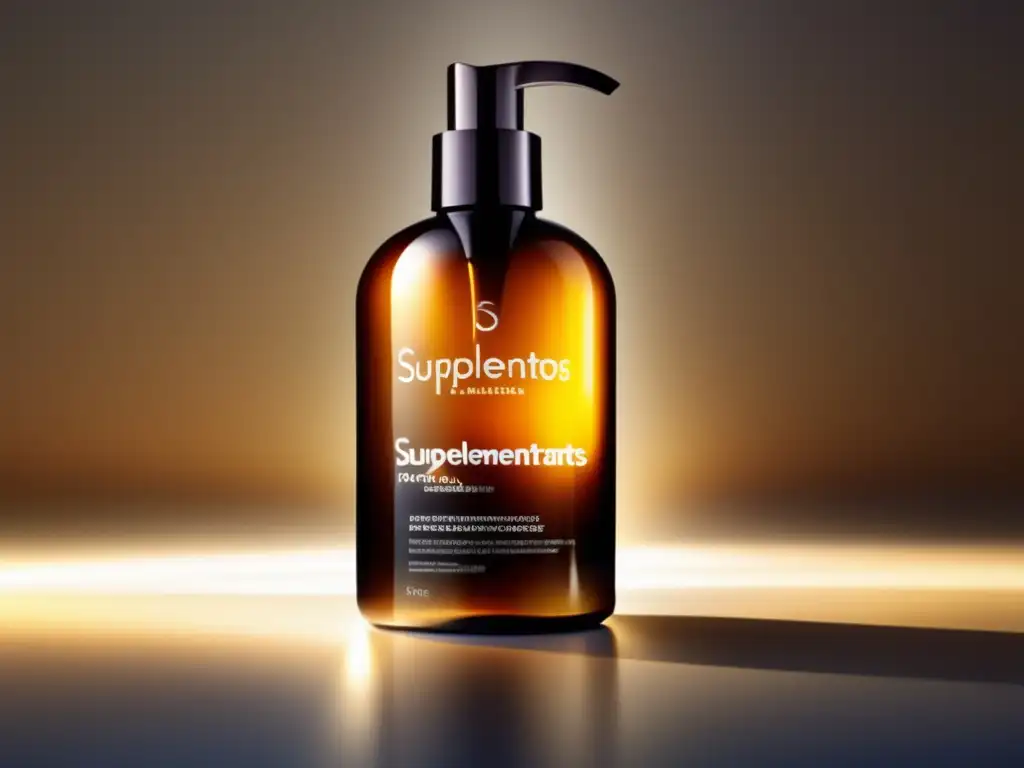 Botella elegante de suplementos antioxidantes para cabello, con ingredientes naturales y diseño minimalista, iluminada por suavidad y vitalidad