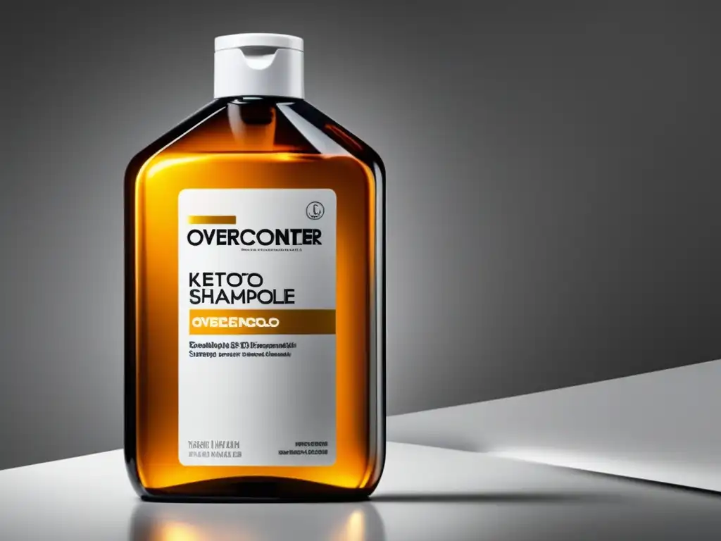 Botella moderna de champú ketoconazol, diseño profesional con tratamiento pérdida cabello y prescripción médica