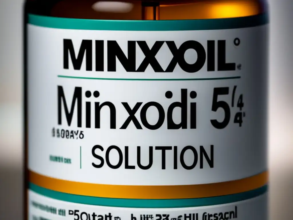 Botella de Minoxidil 5% Solution en primer plano, resaltando su diseño moderno y calidad farmacéutica