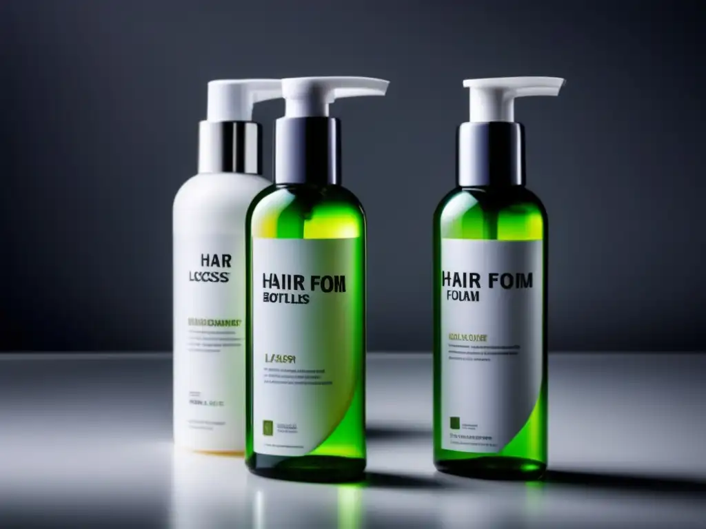 Tres botellas de las mejores espumas anticaída cabello en un elegante mostrador blanco, bañadas por suave luz natural.