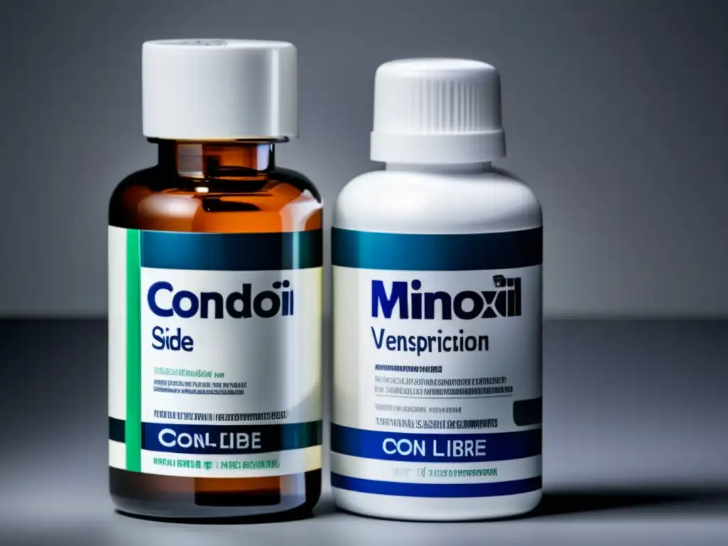 Dos botellas de minoxidil, una de venta libre y otra con prescripción, destacando sus diferencias en diseño y etiquetado