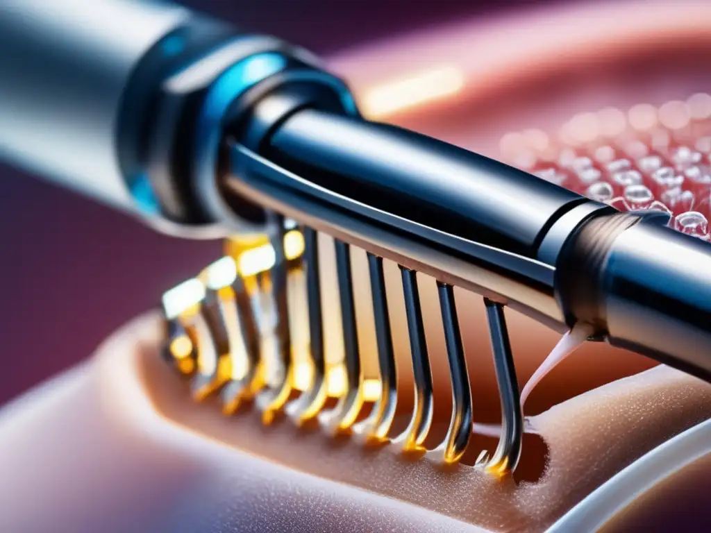 Extracción de folículos capilares con precisión robótica Un brazo robótico extrayendo delicadamente folículos capilares, reflejando la avanzada tecnología de la robótica en trasplante capilar