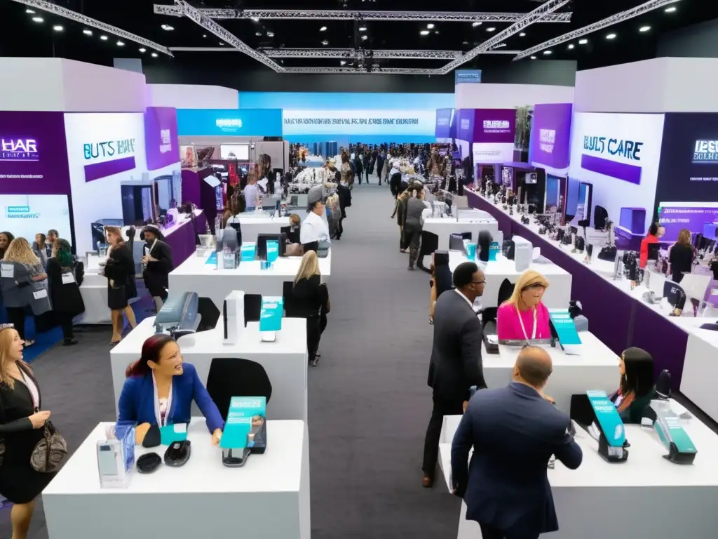 Un bullicioso salón de belleza con modernos stands exhibiendo productos y tecnologías capilares