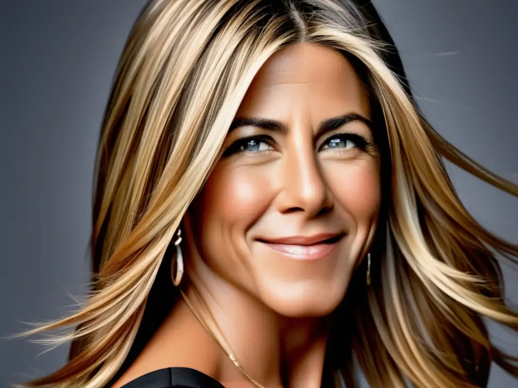 Jennifer Aniston muestra su cabello brillante y perfectamente peinado en un entorno elegante, reflejando su influencia en la industria capilar.