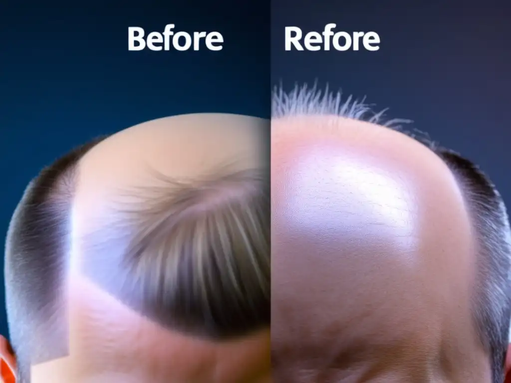 Increíble transformación de cabello con terapia láser para caída cabello casos clínicos: antes, zonas calvas; después, notable regeneración capilar