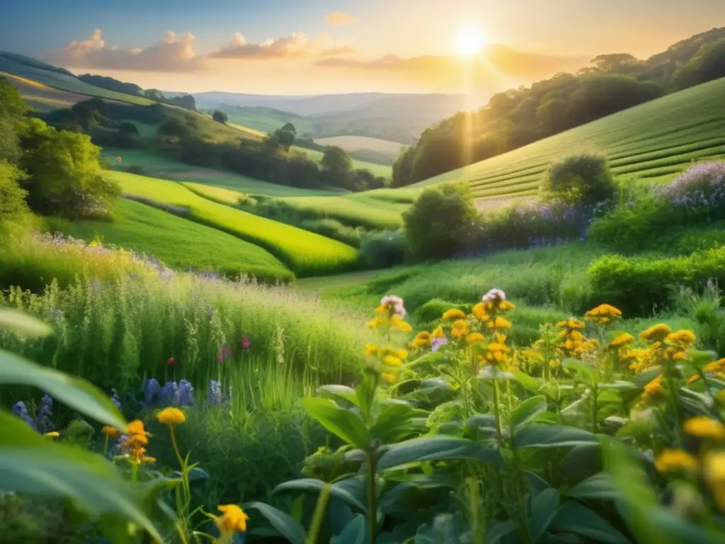 Un campo exuberante y vibrante con plantas terapéuticas, bañado por la cálida luz del sol