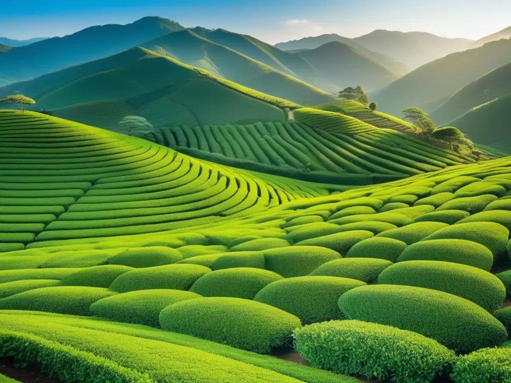 Un campo de té verde exuberante se extiende hasta el horizonte bajo un cielo azul claro