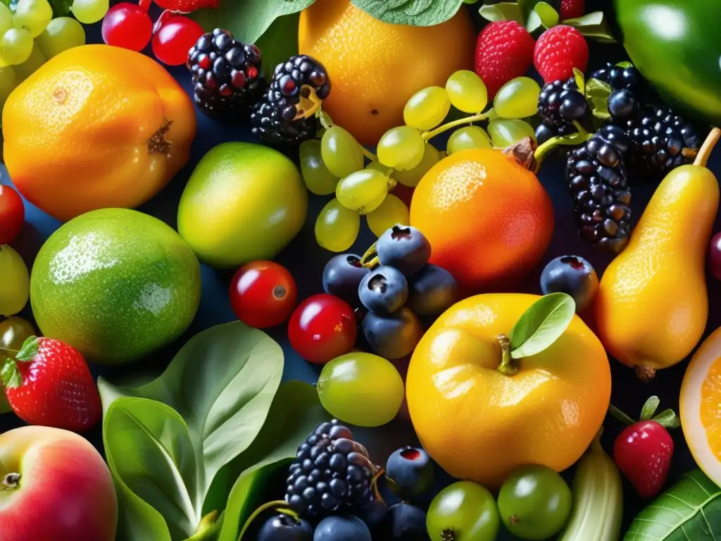 Un campo vibrante y soleado de frutas y verduras, con colores vivos y texturas realistas. Nutricionistas famosos recomendaciones cabello sano