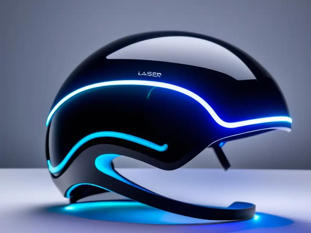 Un casco de fototerapia para pérdida de cabello, con diseño futurista y luces LED suaves, sobre una superficie blanca minimalista