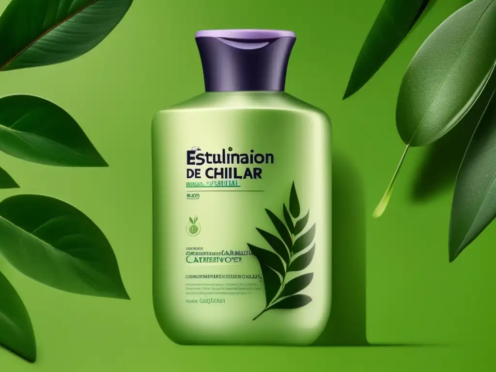 Un champú con ingredientes para estimular el crecimiento capilar, en botella moderna con diseño elegante y fondo de vegetación exuberante.