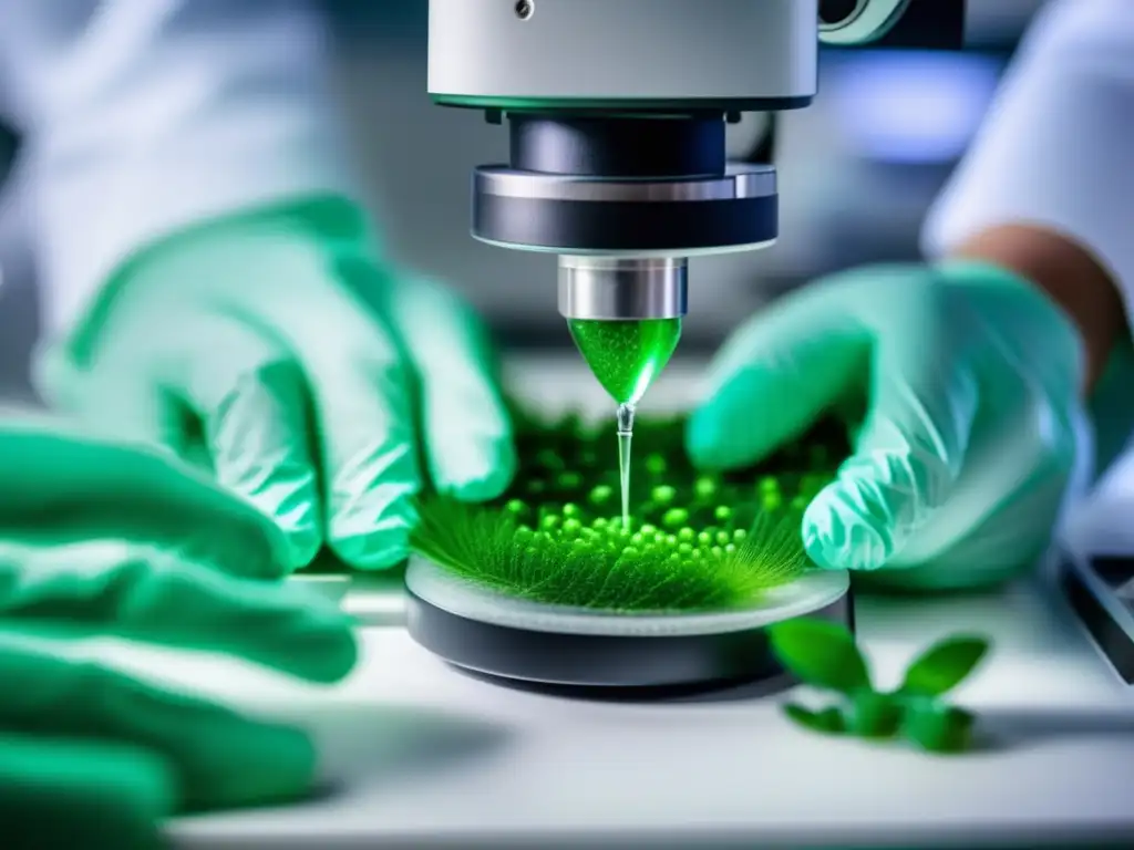 Un científico en un laboratorio moderno extrae con precisión células madre de una hoja verde, para tratamiento capilar con células madre vegetales