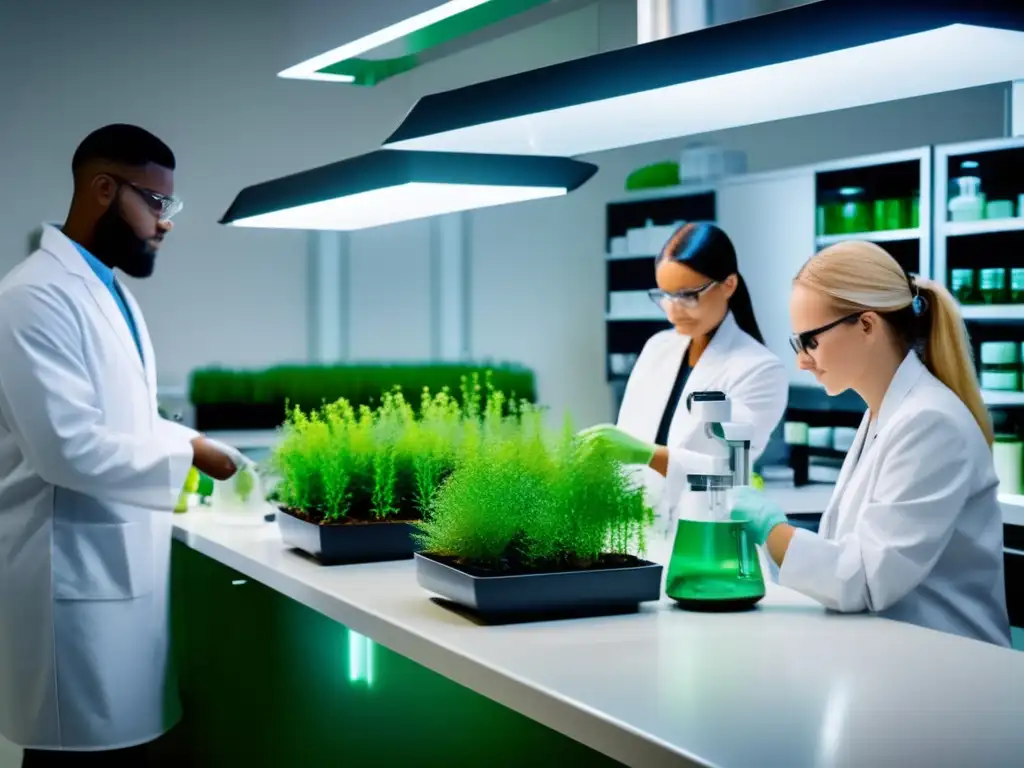 Científicos en laboratorio crean tratamientos capilares orgánicos con proteínas vegetales.