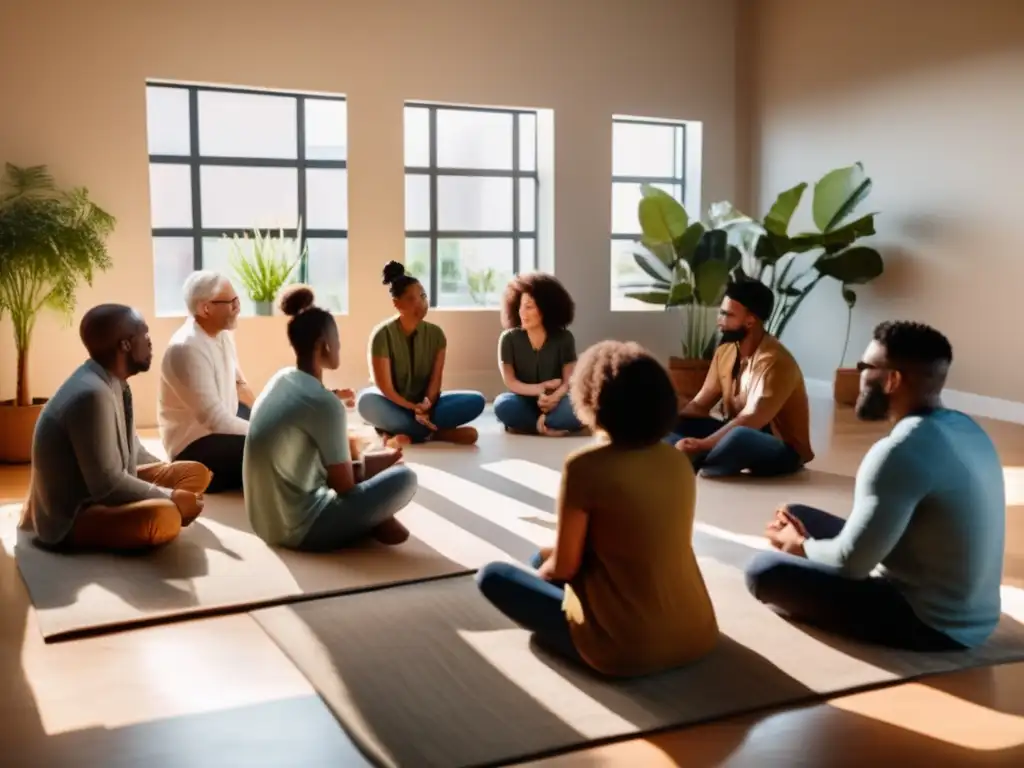 Un círculo de apoyo multicultural en una terapia de grupo para la alopecia, con luz natural reconfortante y ambiente de empatía sanadora.