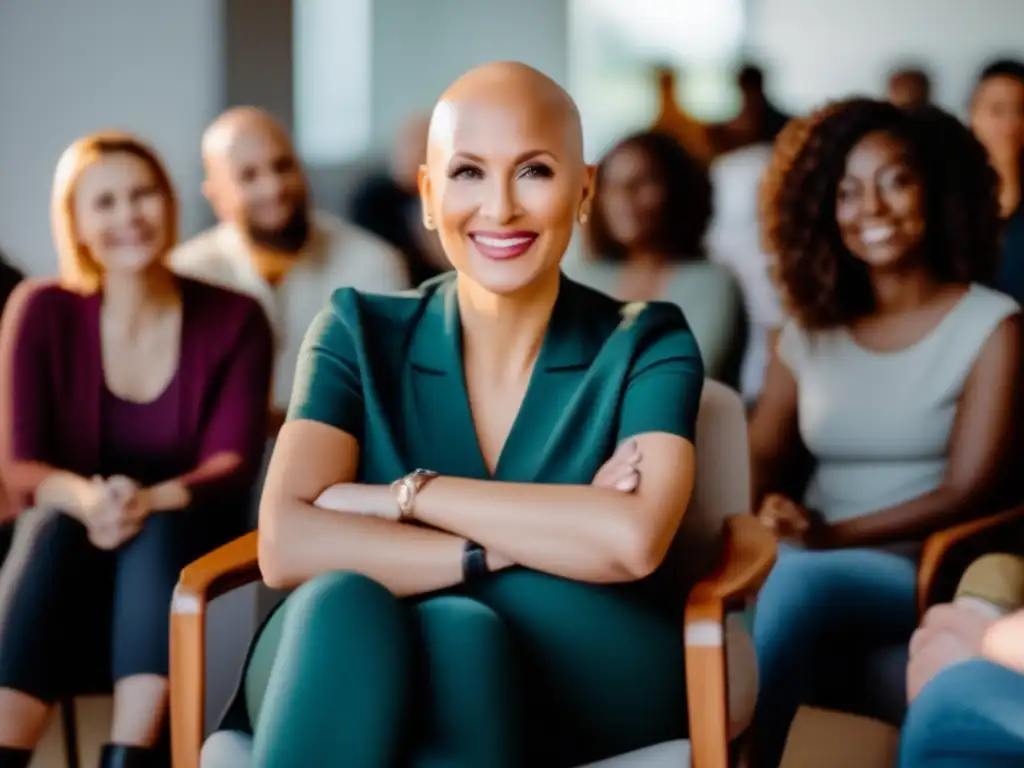 Un círculo de apoyo rodea a una persona con alopecia, conversando con empatía y aceptación