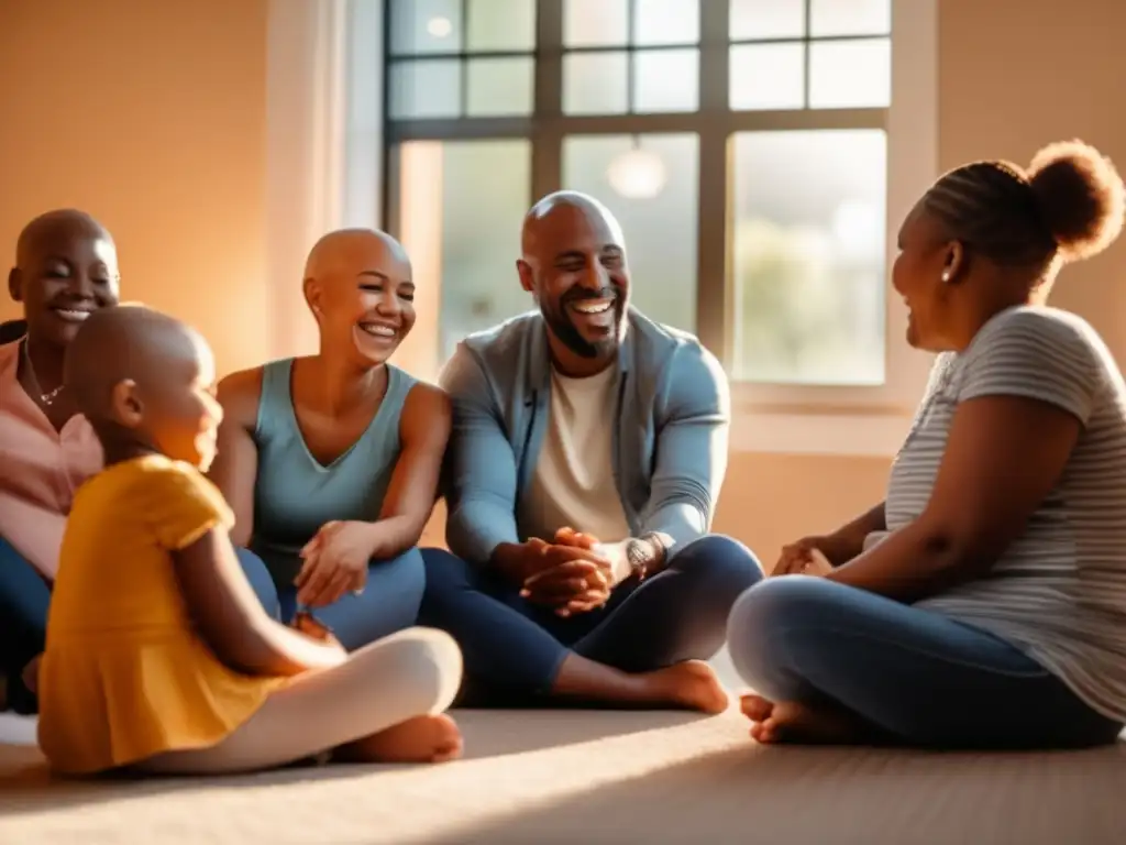 Un círculo de padres se abraza y comparte en una terapia de grupo para alopecia infantil, mientras sus hijos juegan y sonríen al fondo.