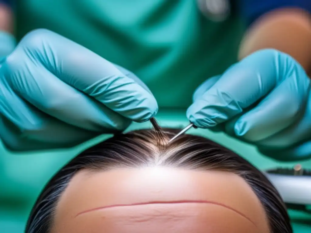 Un cirujano implanta cabello en el cuero cabelludo de un paciente con precisión