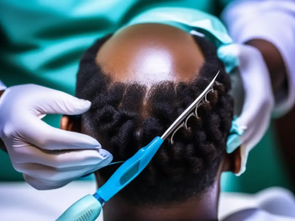 Implante capilar afrodescendiente: experticia quirúrgica Un cirujano especializado realiza un trasplante capilar en un paciente afrodescendiente, mostrando la precisión y especialización en el procedimiento
