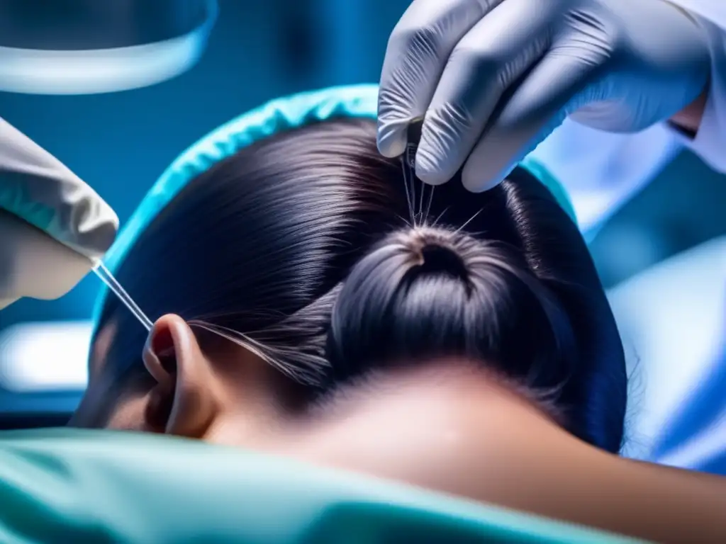 Implantación capilar: precisión y empatía en acción Un cirujano implanta con precisión y ética folículos capilares, destacando la responsabilidad ética en el trasplante capilar