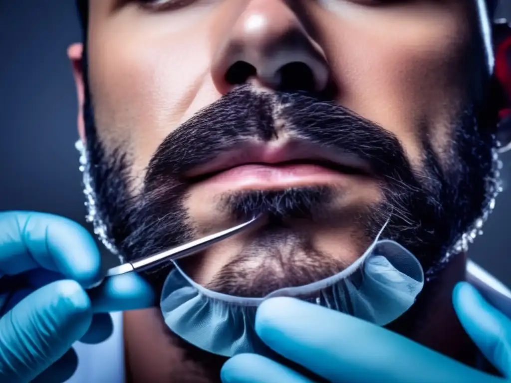 Implante de Cabello: Precisión y Profesionalismo Un cirujano implanta meticulosamente folículos capilares en la barba y cejas del paciente, destacando la precisión y la esperanza