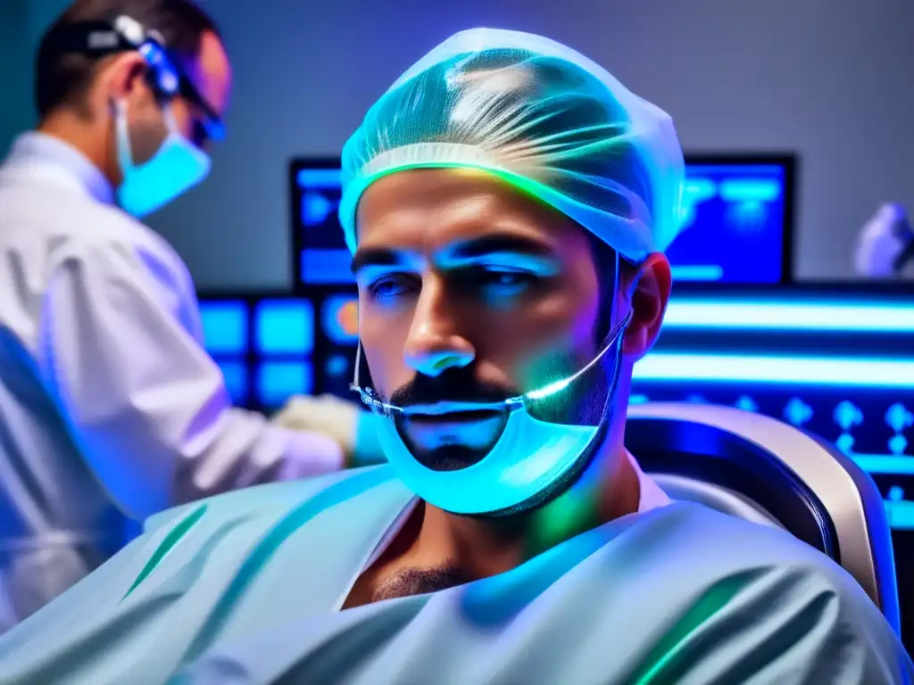 Implante capilar robótico: precisión y avance tecnológico El cirujano utiliza nuevas técnicas de trasplante capilar eficiente con precisión robótica en una sala esteril futurista