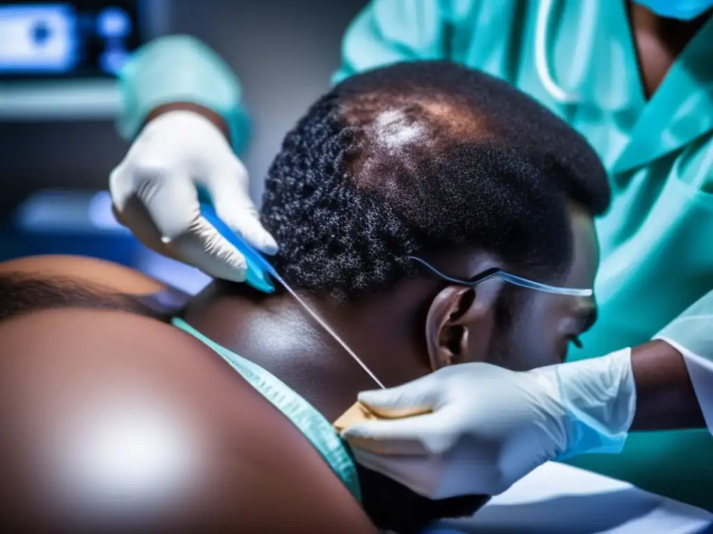 Implante capilar de precisión en cabello afro Un cirujano realiza un trasplante capilar en afrodescendientes con precisión y profesionalismo