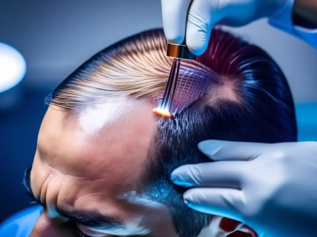 Un cirujano hábil realiza un trasplante capilar alopecia genética con precisión, mostrando esperanza y profesionalismo.