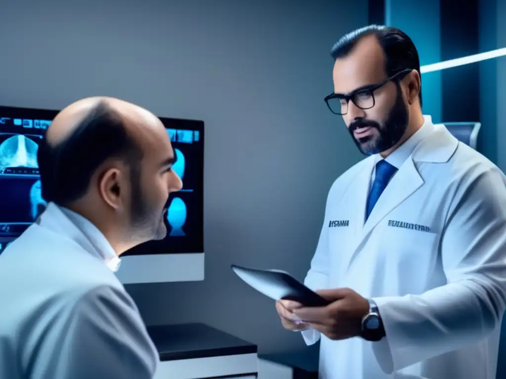 Un cirujano de trasplante capilar consulta con un paciente, examina el cuero cabelludo y discute opciones de tratamiento personalizado