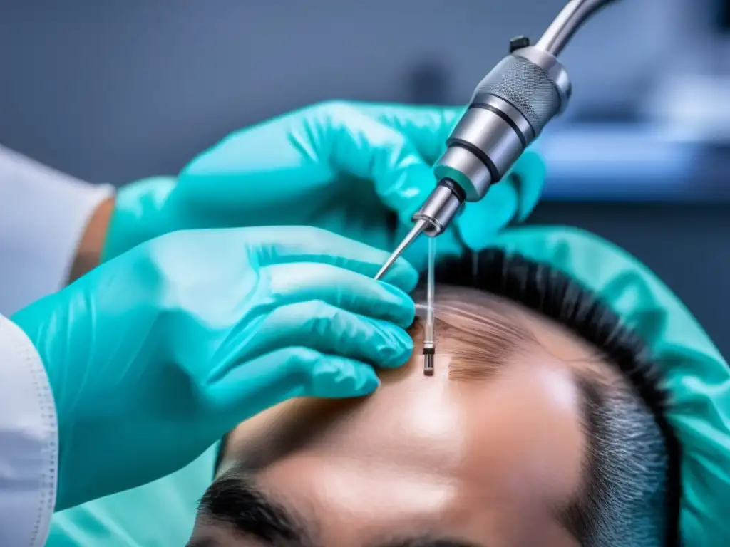 Procedimiento de trasplante capilar: precisión experta en acción Un cirujano realiza un trasplante capilar con precisión y cuidado, destacando la atención profesional y la prevención de infecciones