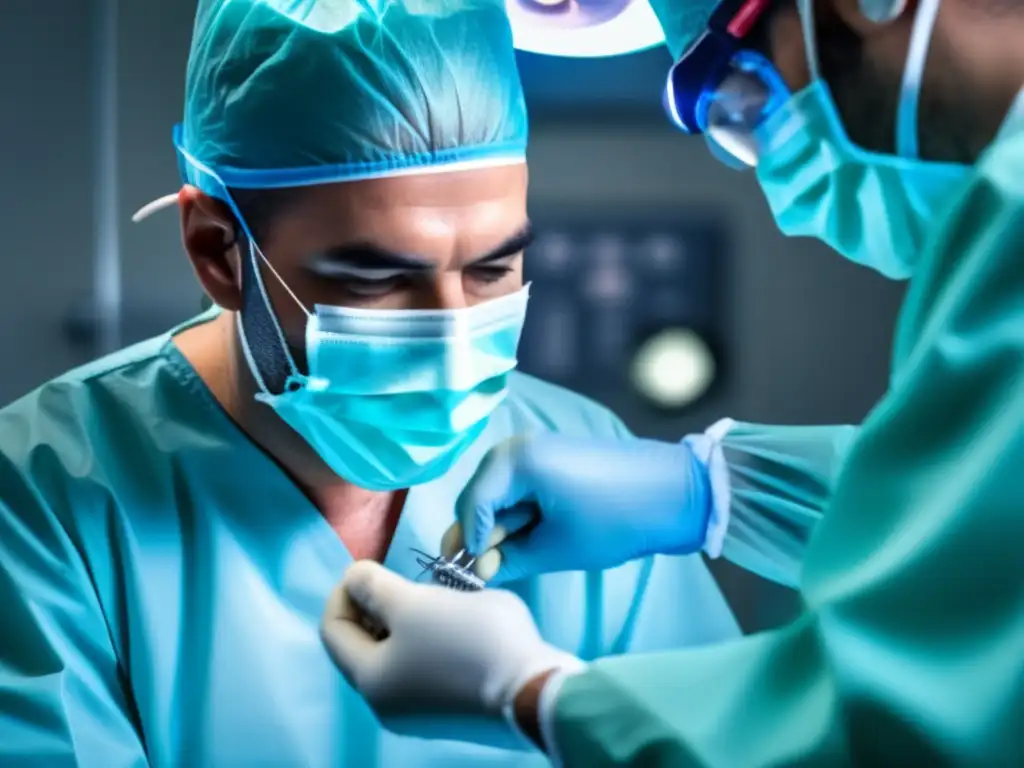 Implante capilar: precisión quirúrgica en alta resolución Un cirujano realiza un trasplante capilar en un quirófano moderno, mostrando precisión y cuidado para la prevención de infecciones