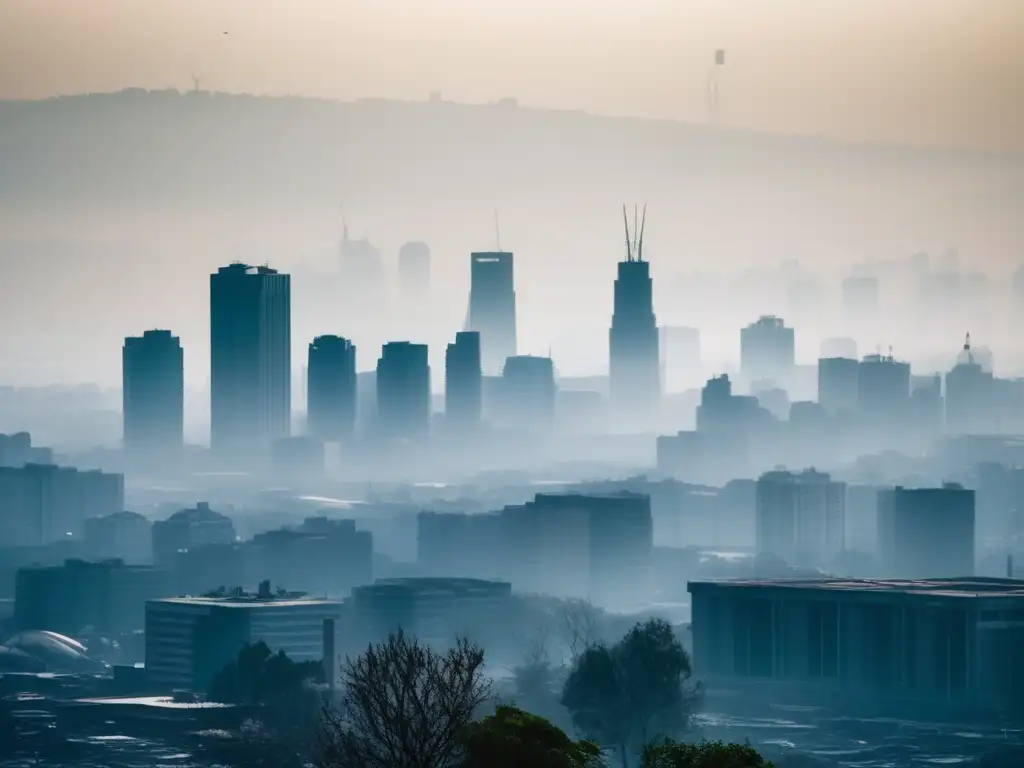 Una ciudad envuelta en smog, con aire contaminado y un árbol marchito