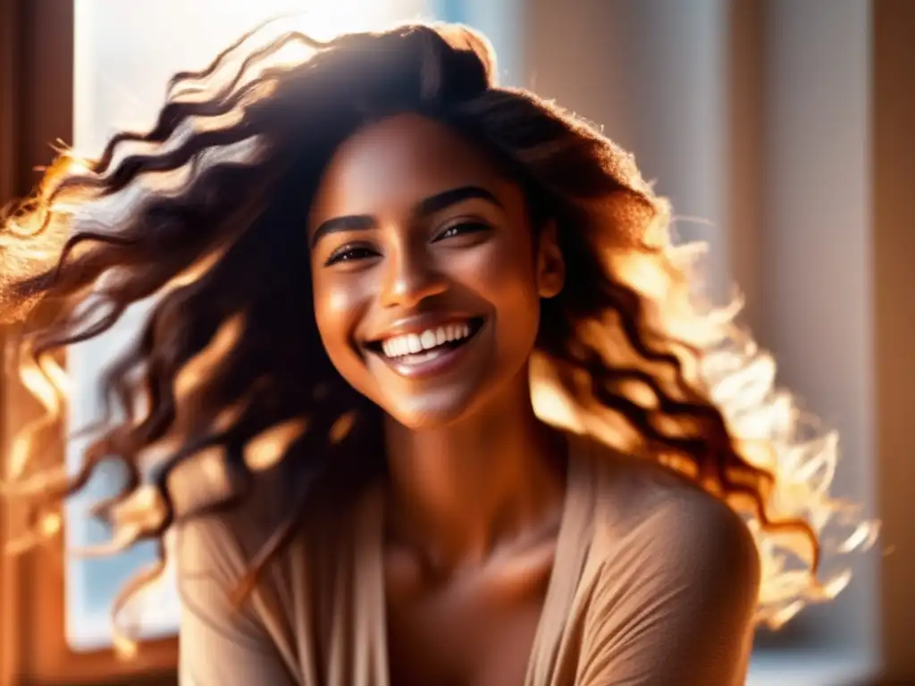 Clara disfruta del sol en una habitación luminosa, mostrando su cabello radiante y saludable