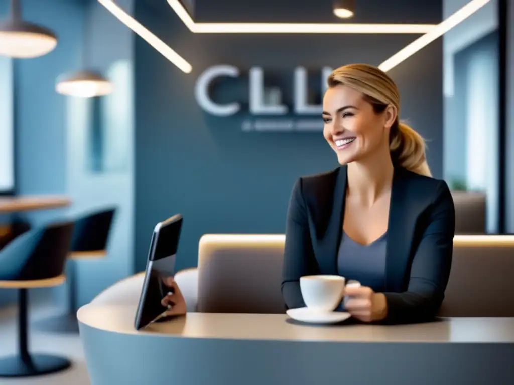 Cliente sonriente en moderna área de espera de clínica capilar, disfrutando café y usando dispositivo, reflejando satisfacción y confianza