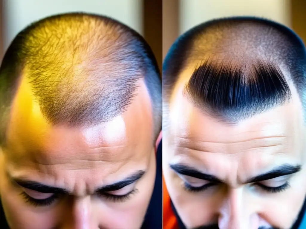 Closeup de cuero cabelludo con regeneración capilar tras tratamiento alopecia universal inhibidores JAK, mostrando mejoría significativa