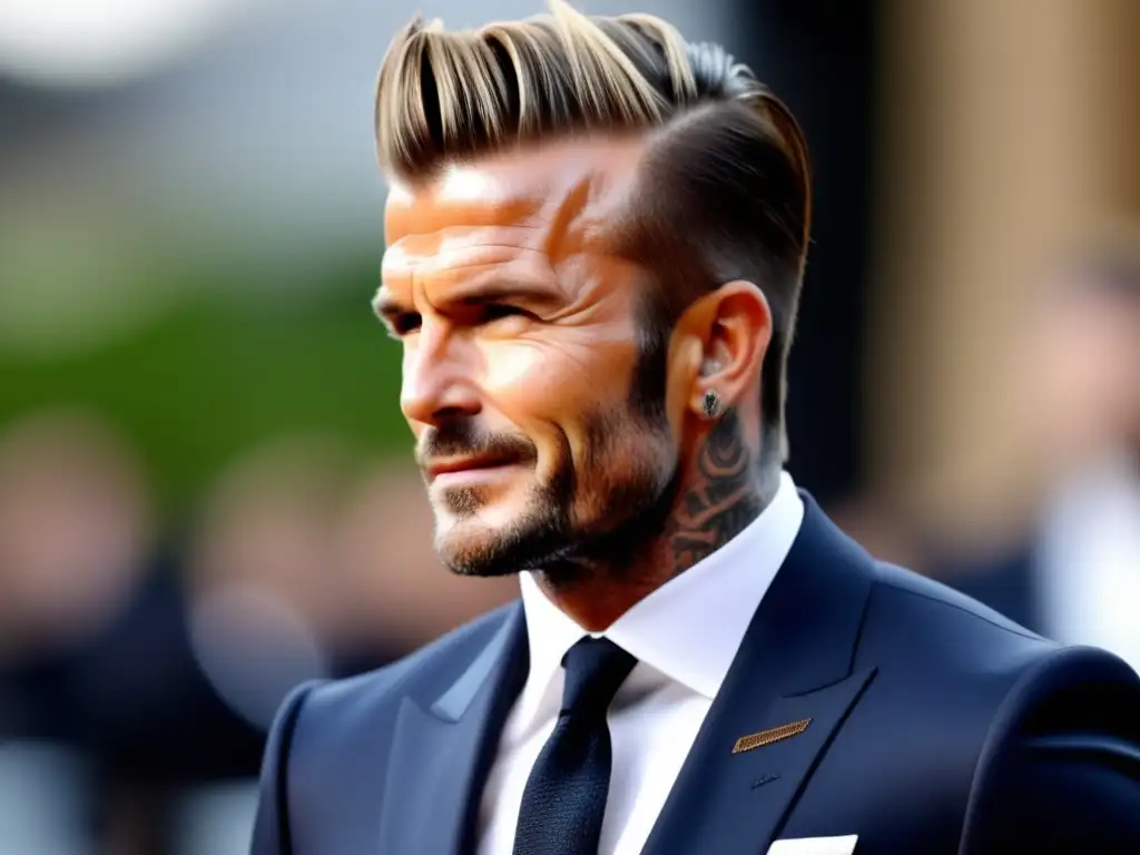 Closeup del icónico peinado de David Beckham, con un quiff perfectamente estilizado y un sutil degradado en los lados, representando tendencias en el cabello para hombres