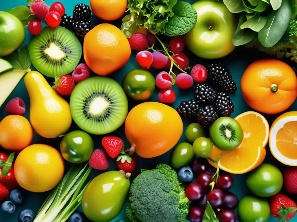 Una colorida y fresca variedad de frutas y verduras, goteando agua, con luz natural