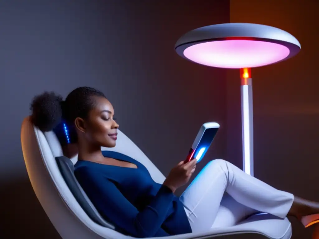 Terapia láser capilar: relajación y bienestar en casa Disfrutando de la comodidad de la terapia láser portátil para cabello en un ambiente sereno y moderno, mientras se usa el dispositivo con tranquilidad