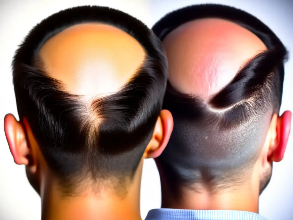 Resultado asombroso: Trasplante capilar antes y después Comparativa resultados trasplante capilar: Imagen de alta resolución de un cuero cabelludo con trasplante exitoso, mostrando la densidad y cobertura mejorada