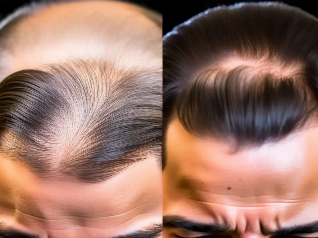 Resultados naturales y precisos de trasplante capilar Comparativa resultados trasplante capilar: Imagen profesional de antes y después de un trasplante capilar, con enfoque en los folículos y patrón de crecimiento natural del cabello